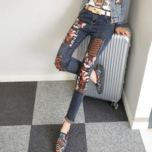 Tide Slacks Personalized Slim Fit Cat Pattern Sequins Embrellished Womens Pencil Pants Hole Ripped Vintage Autumn Trousers
