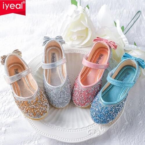 IYEAL Princess Kids Leather Shoes For Girls Flower Glitter Flat Children Fashion Girls Shoes for Wedding Party Blue Pink Silver