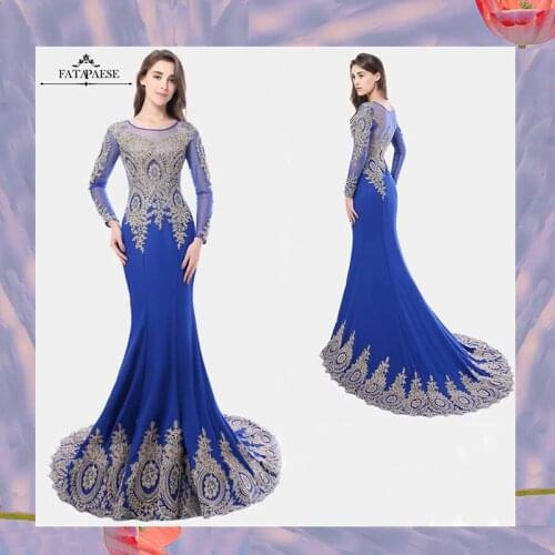 FATAPAESE 2021 Elegent Floor Length Mermaid Evening Dress Long Sleeve Women Party Gown Gold Applique Sequied вечернее платье