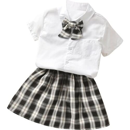 2021 Lovely College Style Girls Clothes Set, Solid Color Short Sleeve Lapel Neck Button-up Shirt + Plaid Print A-line Skirt