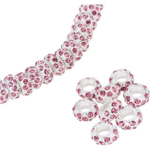 100pcs Rondelle Large Hole Spacer Beads Rhinestone European Beads for Jewelry Bracelet Necklace Making DIY Findings Silver Color