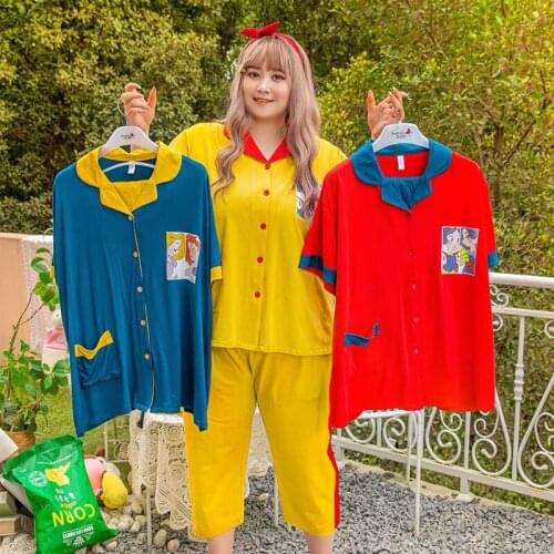 Summer womens cotton cartoon loose home clothes fat girl plus size short-sleeved cropped pajamas 100 kg