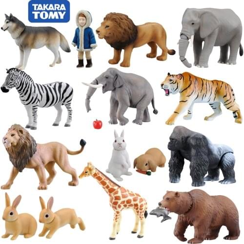 TAKARA TOMY Animal Model Canis Lupus L Lion Tiger Panda Hippo Gorilla Elephant Giraffe Joint Movable Toys Birthday Present