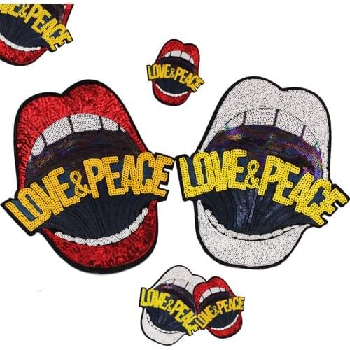 "LOVE&PEACE" Big Red Lip Hip-hop Rapper Iron on Appliques Clothes Embroidered Sequins Patches for Clothing DIY Motif Applique