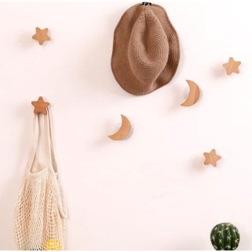 Nordic Wood Wall Hooks Room Organizer Hangers Home Decoration Accessories Cute Room Star Moon Key Holder Shelves For Bedroom