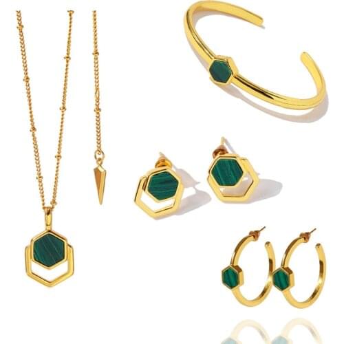 Top Quality Fashion Multilateral style Green White Malachite Necklace Earrings Bangle Sets For Women Party Jewelry