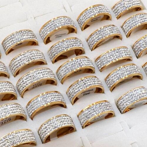 Wholesale 36pcs/lot Rhinestones Golden Stainless Steel Rings Fashion Women Wedding Party Ring Polished Inside