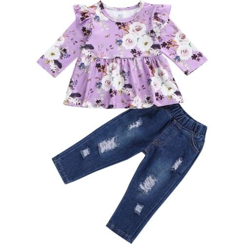 Toddler Kids Baby Girl Autumn Two Piece Suits Fashion Floral Print Round Neck Long Sleeve Top+ Ripped Jeans Spring Clothing 1-5T