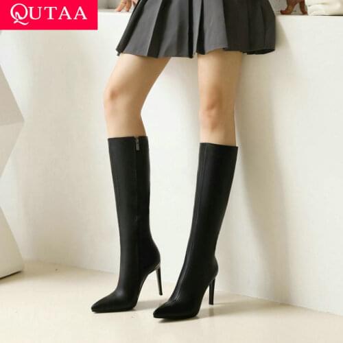 QUTAA 2022 Thin High Heel Knee High Boots Fashion Pointed Toe Autumn Winter Women Shoes PU Leather Zipper Long Boots Size 34-43