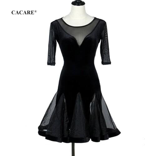 SALE Latin Dance Dress Women Girls Costume Salsa Standard Dance Dresses Black D0707 Mesh Sleeve Back Big Sheer Hem