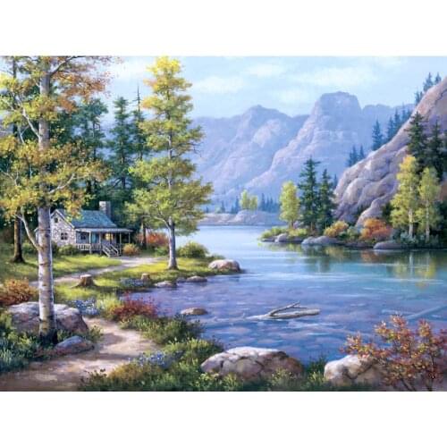 Hand painted Canvas Art Landscapes oil painting Lakeside Lodge village beside the river modern image for room decor