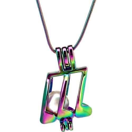 S-CP754 Rainbow Colors Musical Note 22'' Steel Snake Chains Natural Pearl Beads Cage Perfume Locket Pendant Necklace