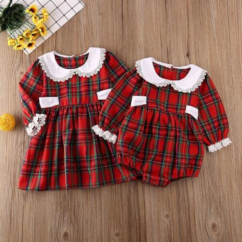 Family Matching Outfits Toddler Baby Girl Sister Match Christmas Romper Suspender Dress Overalls Plaid Xmas Outfits ropa de bebe