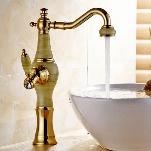 Vidric Basin Faucet Gold Crane Brass Jade Body 360 Degree Swivel Bathroom Basin Faucet Deck Mount Counter top Water Mixer Tap