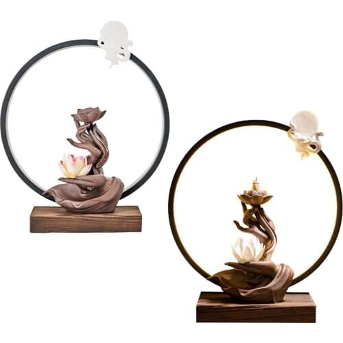 LED Light Incense Burner Ceramic Backflow Incense Burner Creative Smoke Censer Waterfall Incense Holder for Home Bedroom Yoga