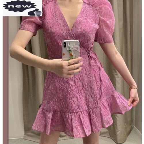 Vintage V Neck Short Puff Sleeve Party Women Ruffles Lace Up Elegant Dress Ladies Slim Waist High Quality Mini Dresses