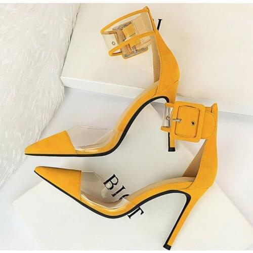 New Women 10cm High Heels Yellow Sandals Lady Stripper Strap Transparent Sandles Wedding Bridal Platform Prom Sexy Pleaser Shoe