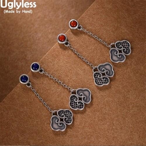 Uglyless Ethnic Abstract Heart-shape Dress Earrings for Women Natural Agate Lapis Studs Earrings Thai Silver 925 Silver Brincos