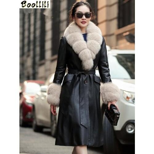 Boollili Real Cow Leather Jacket Winter Coat Women Real Fox Fur Collar Down Jacket Women Long Trench Coat Chaqueta Mujer