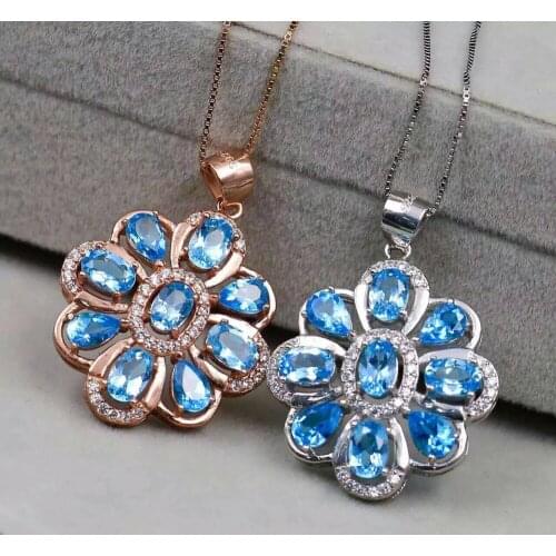 Natural blue topaz pendant S925 silver Natural gemstone Pendant Necklace trendy Luxury big round Circle women gril jewelry