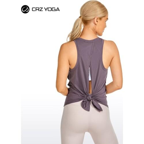 CRZ YOGA Womens Pima Cotton Tie Back Workout Tank Tops Yoga Open back Shirts Loose fit Athletic Sports Top