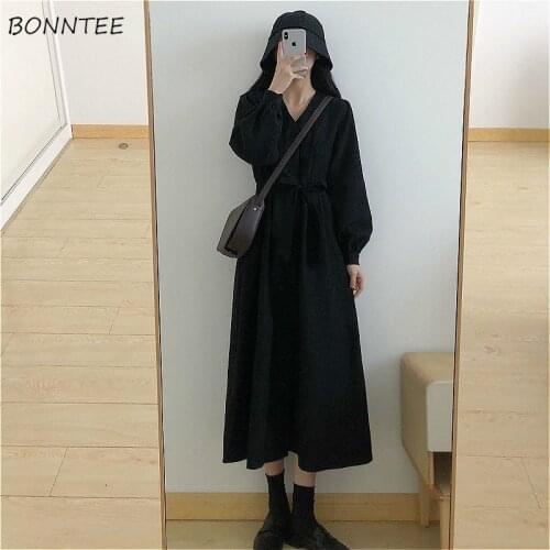 Long Sleeve Dress Women Elegant Black Classy All-match Midi Solid A-Line Sashes College V-Neck Charm Empire Vestido Temperament