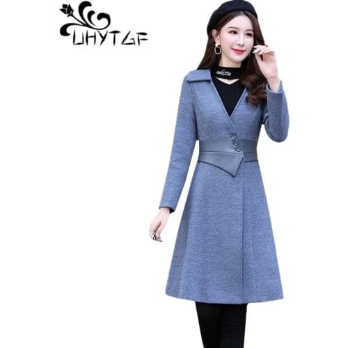 UHYTGF New autumn winter woolen coat women fashion V-neck slim elegant tops quality PU leather splice wool coat abrigo mujer 432