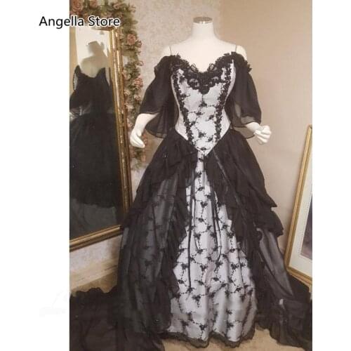 Vintage Black And White Wedding Dresses Off Shoulder Ball Gown Germany Gothic Victorian Bridal Dress Retro Vestidos De Novia