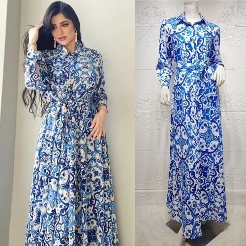 Vintage Abaya Dubai Kaftan Women Long Sleeve Shirt Dress Maxi Party Gown Muslim Print Moroccan Robe Arab Caftan Islamic Clothing