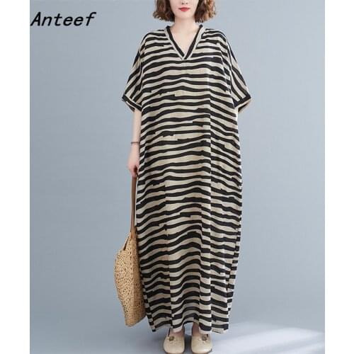 Short sleeve cotton vintage stripe dresses for women casual loose maxi long summer beach dress elegant clothes 2021