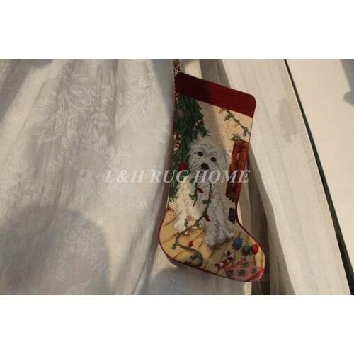 Free Shipping Christmas Stocking Sock Needlepoint Santa Claus Toys Presents Dogs Design 28X43CM