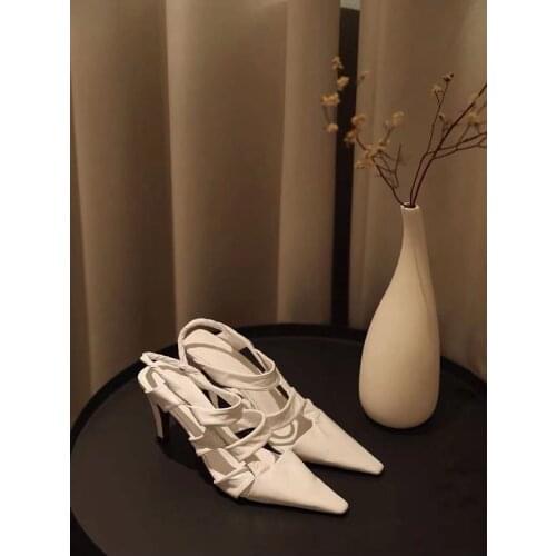 Soft leather high heels Dress shoes Woman Brand High heels Sandals pointy toe Mules Slingback wedding Party Shoes Woman