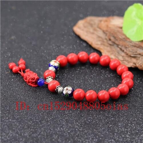 Tiger Beads Bracelet Chinese Natural Red Organic Cinnabar Elastic Bangle Pixiu Amulet Charm Jewellery Fashion Woman Gifts