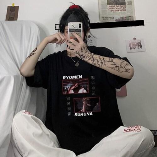 Kawaii Vintage Loose Anime Jujutsu Kaisen Cartoon Printing Summer Short sleeve Tee Harajuku Ulzzang Plus Size Y2K T-shirt Female