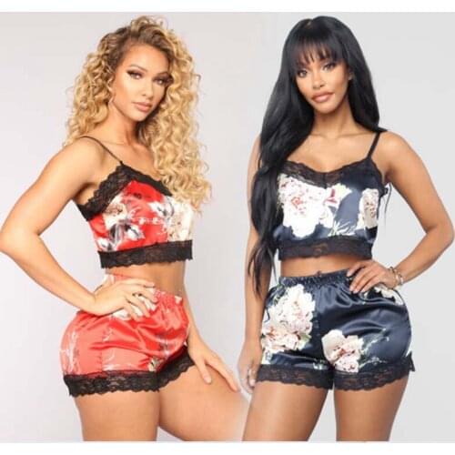 2pcs Women Sexy Satin Lace Sleepwear Babydoll Lingerie Nightdress Pajamas Set