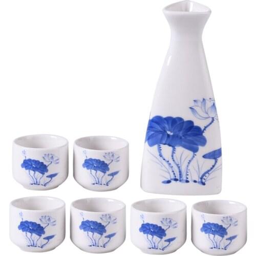 7Pcs Ceramics Printed Japanese Sake Pot Cups Set spirits Flasks Sake white wine bottle shochu Cups Flagon Home Kitchen Drinkware