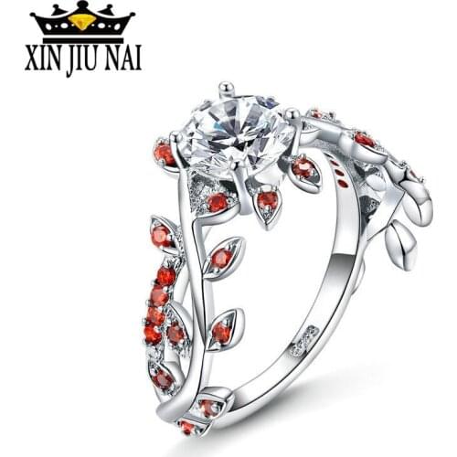 Flower Red Leaf Zircon Engagement ruby Ring for Female Fashion Popular Rhinestone Silver Wedding Rings for Women Jewelry