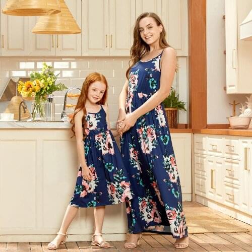 PatPat 2021 New Summer Dark Blue Printed Matching Dresses Matching Outfits Mommy and Me Sleeveless for Mom and Daughter