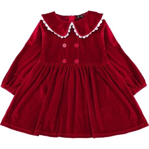 Red Baby Girls Dress For Autumn Winter Children Velvet Lace Doll Collar Princess Dress Kids Clothes For New Year 1 2 3 4 5 6 7T