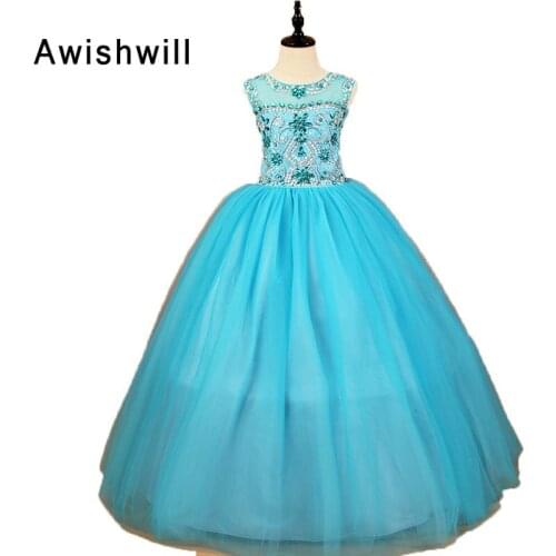 First Communion Dresses for Girls Ball Gown Floor-length Rhinestone Beaded Tulle Sleeveless Children Pageant Gown Customized