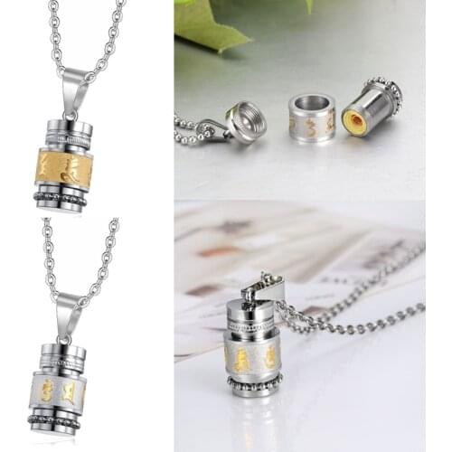Stainless Steel Buddhism Six Words Rotatable Necklace Women Men Mantra Prayer Wheel Mantra Bottle Urn Pendant Necklace