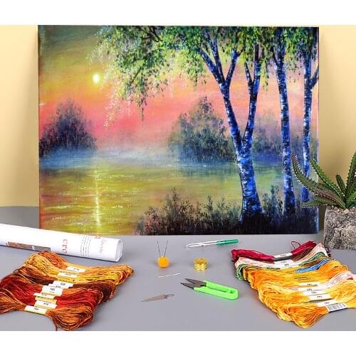Natural Scenery Break Of Dawn Printed Fabric 11CT Cross Stitch Full Kit DIY Embroidery DMC Threads Painting Adults