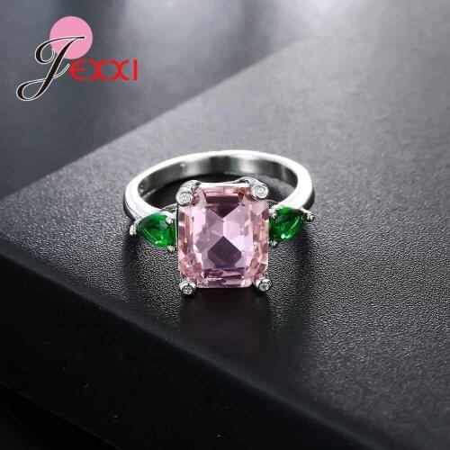Luxury Square Pink Crystal Wedding Engagement Rings With Cubic Zirconia Women 925 Sterling Silver Ring For Female Jewelry