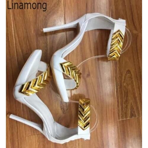 Sexy Golden Plated Metal Wheat Straps Sandals Summer Female Ankle Strap Stiletto Heels Mujer Zapatos Party Dress High Heels Shoe