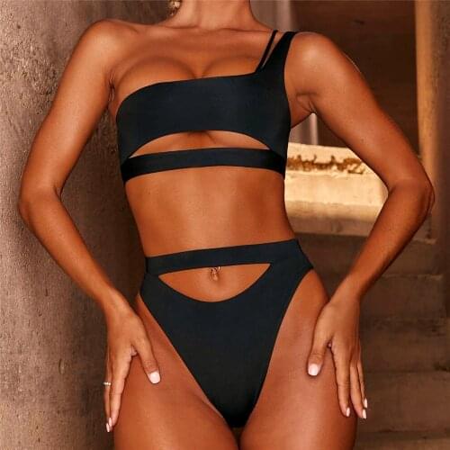 Sexy Solid Bandage Bikini High Cut One Shoulder Swimsuit Thong with High Waist Swimwear Underboob Top Swim Bath Suit Bikini Set