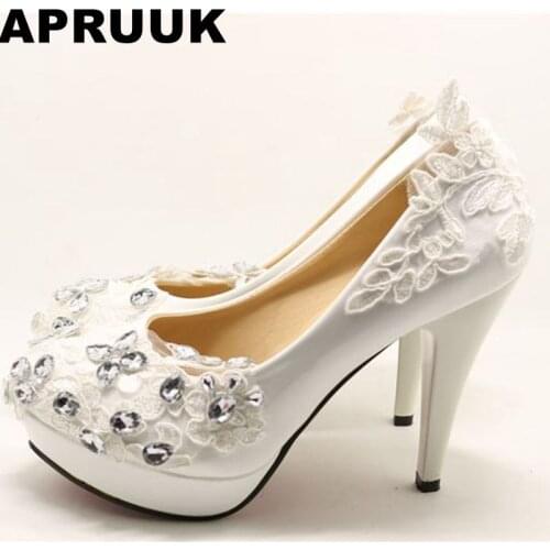 11cm high heels fashion lace rhinestones light ivory wedding shoes womens handmade silver crystal rhinestones party pumps shoe