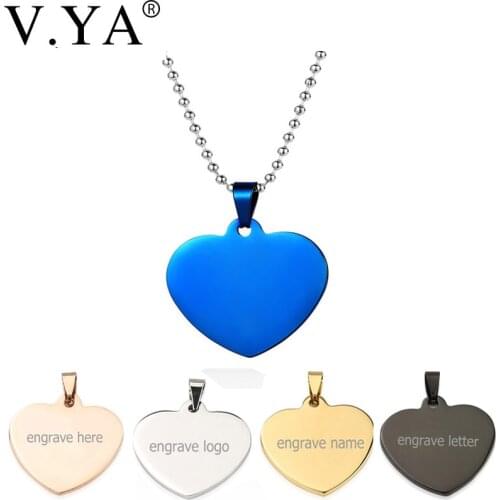 V.Ya Heart-shape Stainless Steel Pendant Necklaces Unique Name ID Tag Simple Logo Jewelries Valentines Day Gifts for Lover