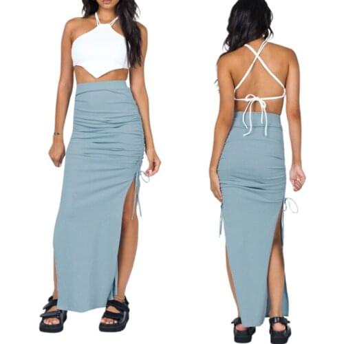 Female Package Hip Skirt, Summer Solid Color High Waist Split Skirt with Drawstring for Women Casual