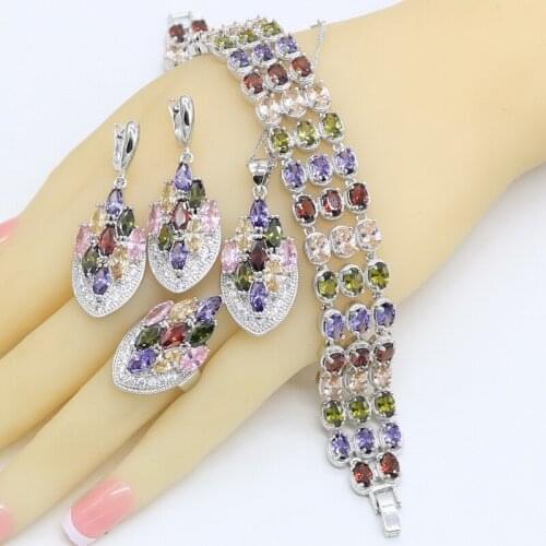 Multicolor Zircon Silver Color Jewelry Sets for Women Bracelet Earrings Necklace Pendant Ring Gift Box
