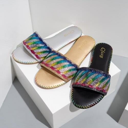 Womens slippers 2021 summer new colorful crystals rhinestone flat slippers home outdoor casual womens shoes